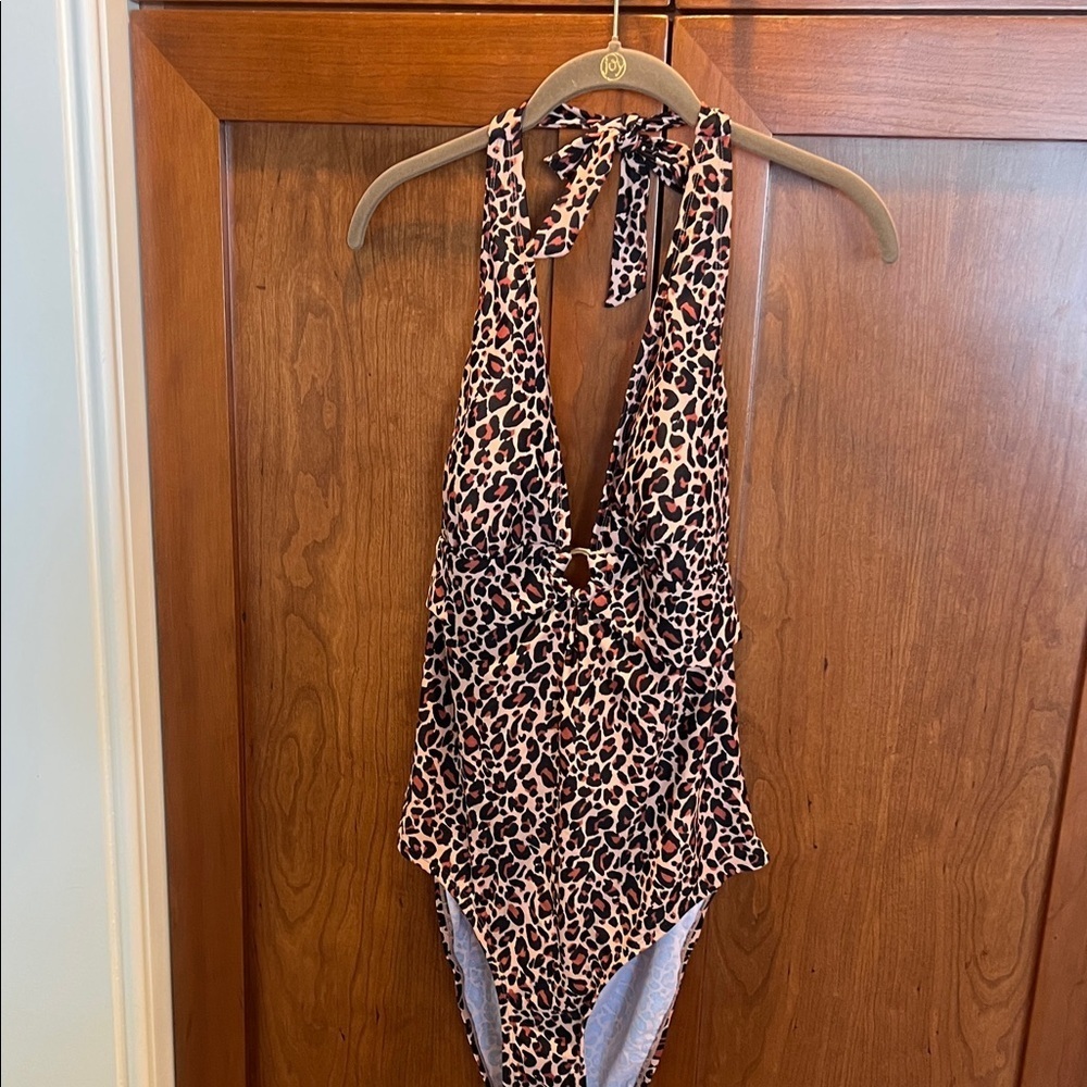 Kona Sol Leopard Print Halter One-Piece Swimsuit - Black, Brown, Pink